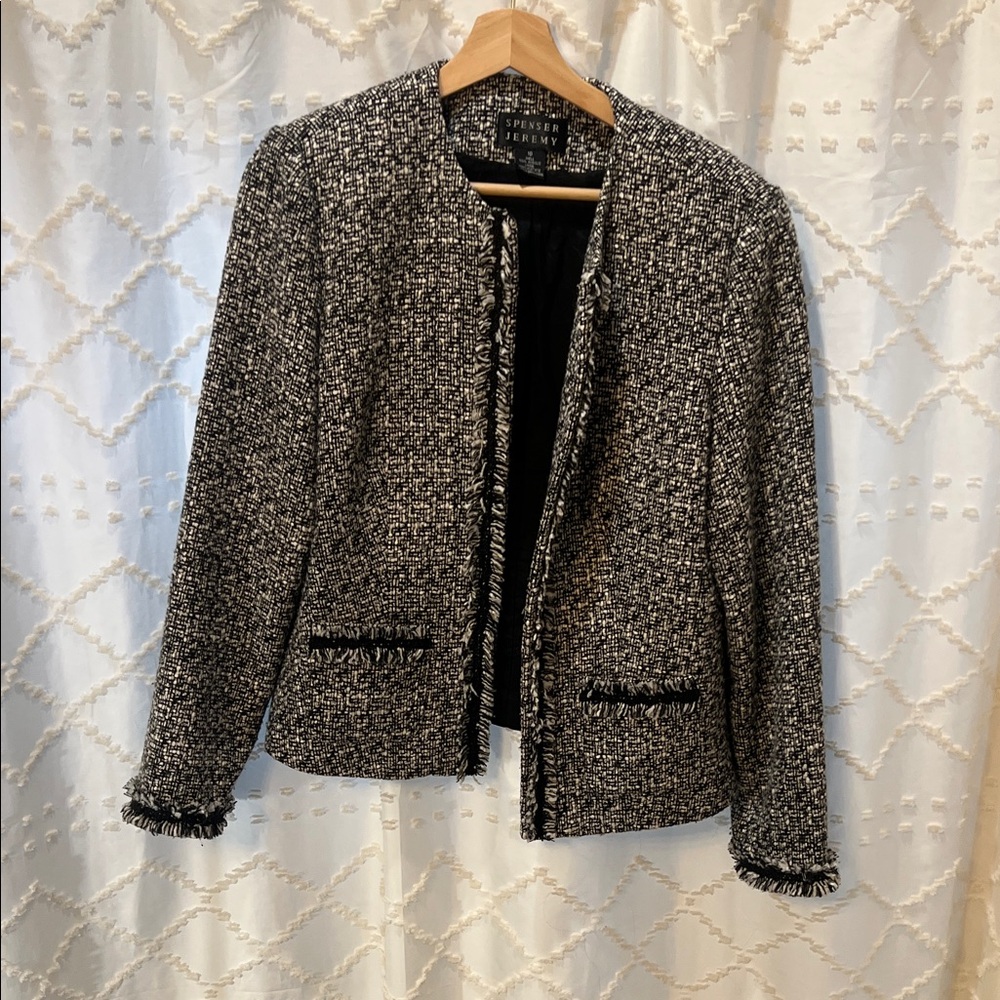 Black and White Tweed Fringe Blazer